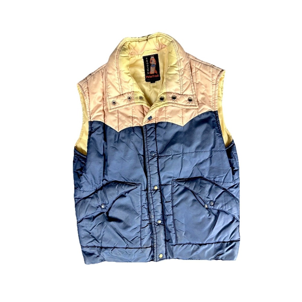 Vintage Snohawk Peter Frank Puffer Vest Men's Large Navy Blue Beige Collared